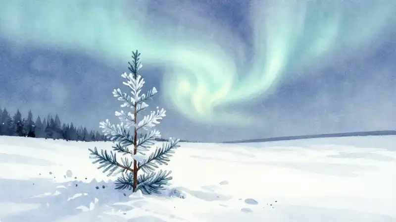 Slender tree stands on translucent ice under soft, ethereal northern light