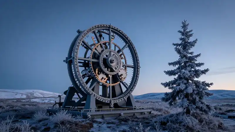 A complex clockwork machine sits amidst frosted arctic tundra
