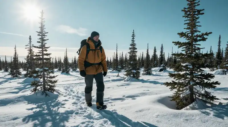 A lone explorer navigates harsh, frozen cyan arctic tundra