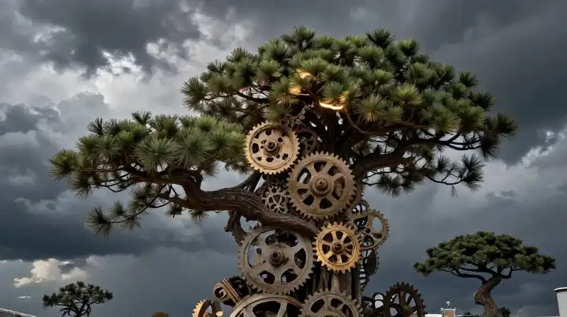 A mechanical pine structure stands dramatically beneath a moody, stormy sky