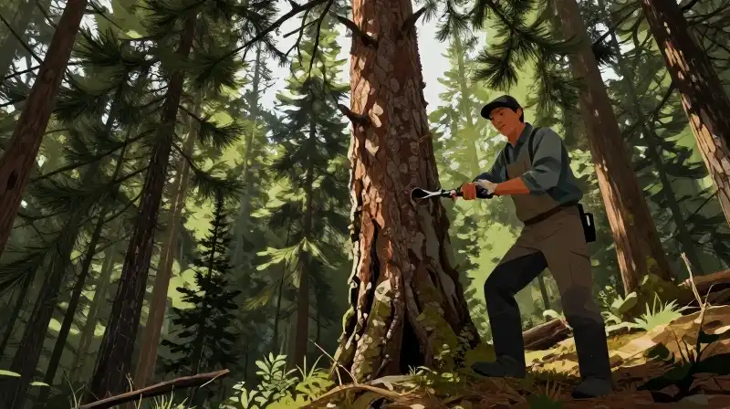 A gardener prunes a pine tree in intense, sun-drenched mountain forest