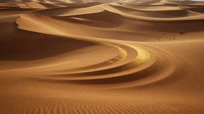 Golden sand dunes layer with concentric geometric rings in dim light