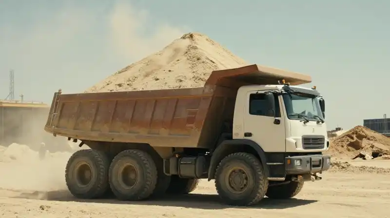 A massive dump truck overflows with light beige sand on a dry construction site