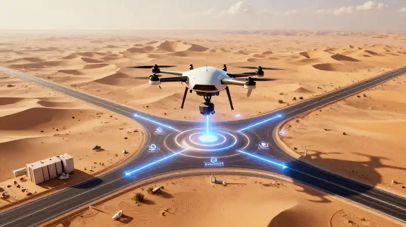 A glowing drone navigates a desert towards a geometrically structured city