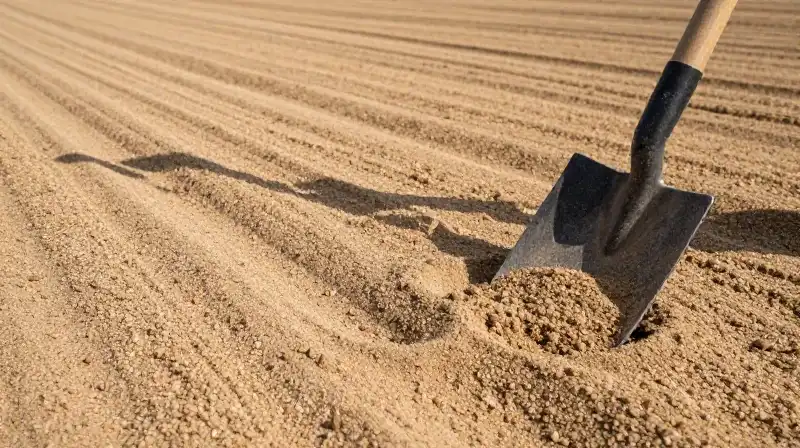 A shovel edge cuts through coarse, textured sand in a bright field