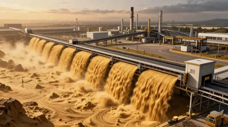 Massive conveyor systems spill golden sand across a detailed industrial yard