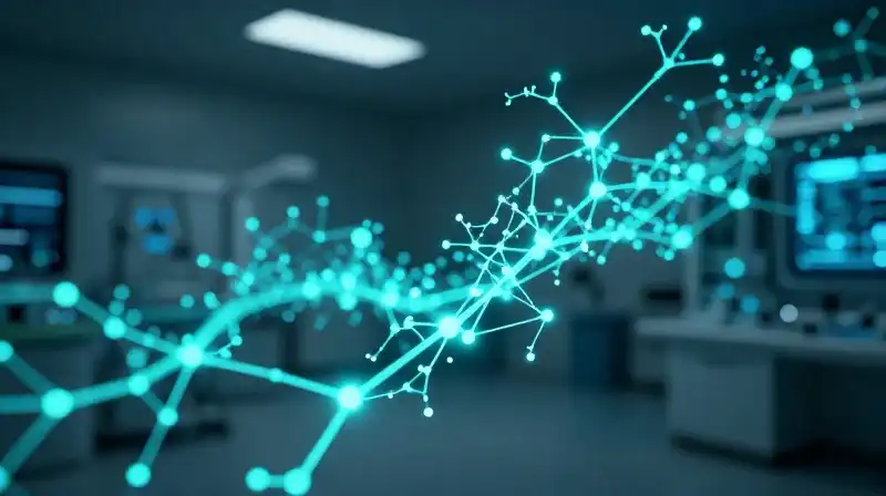 Abstract cyan pathways of glowing nodes illuminate a sterile futuristic chamber