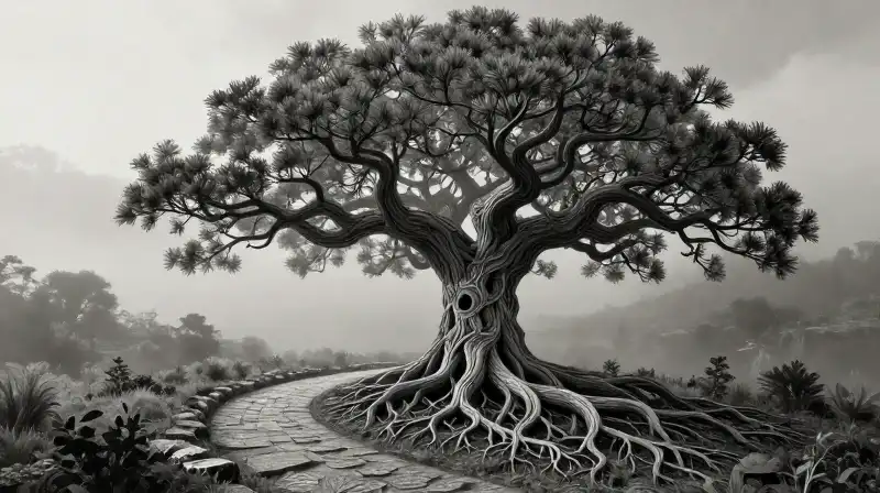 A stylized traveler tree stands on a winding path shrouded in morning mist