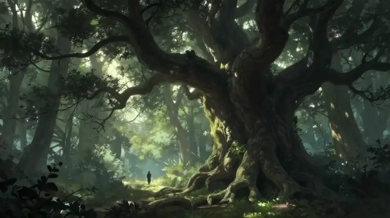 Gnarled ancient tree in a mystical forest glows with volumetric morning light