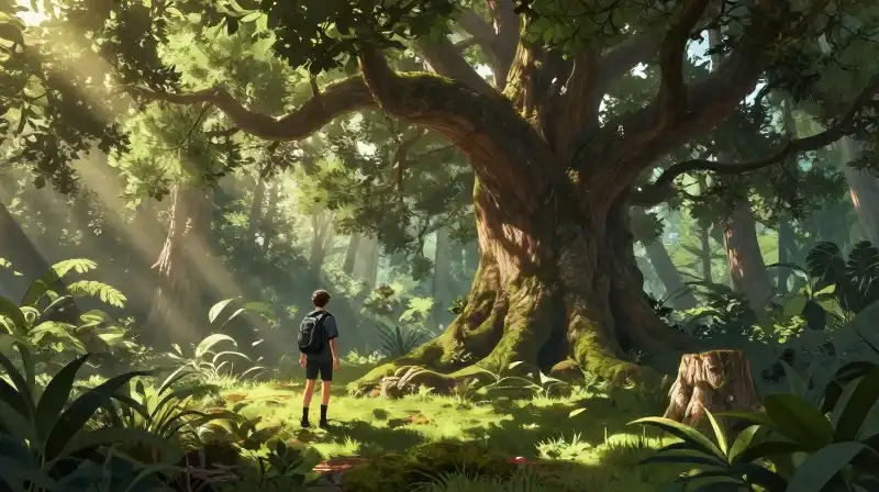 Traveler stands under a massive, sunlit ancient oak in a lush forest