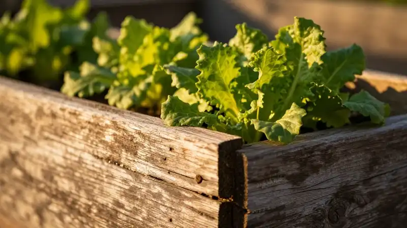 Golden light warms a rustic wood garden filled with lush greenery