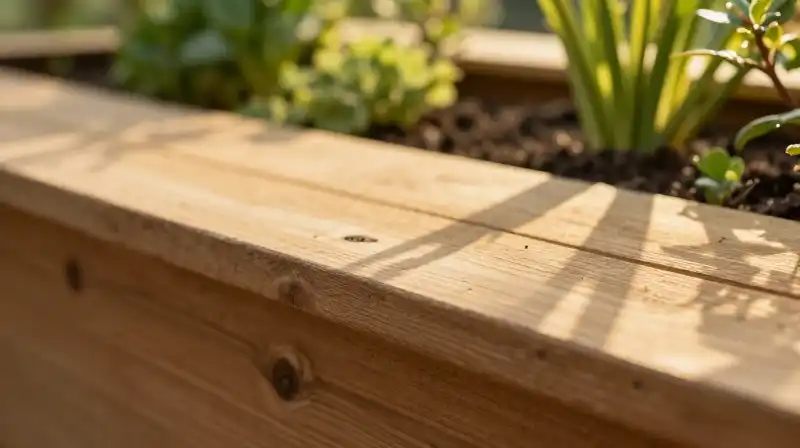 Rough wooden planks inside a bright, sunlit garden bed