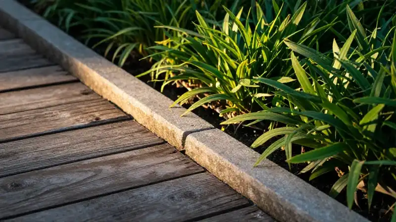 Lush emerald foliage contrasts weathered planks and smooth stone