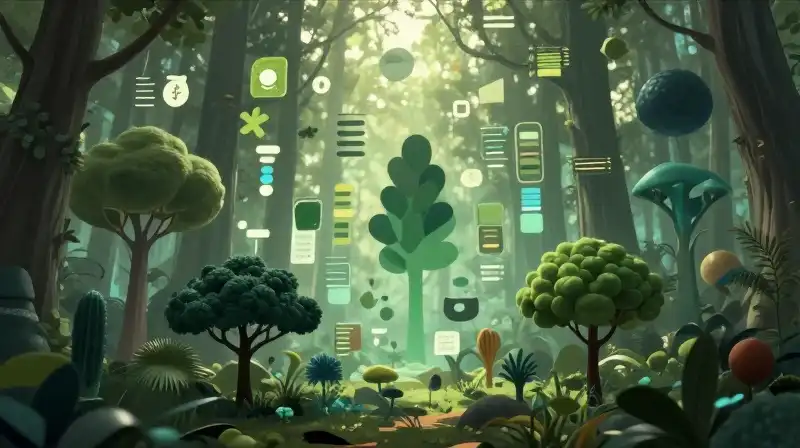 Ethereal forest filled with abstract shapes and floating digital metrics