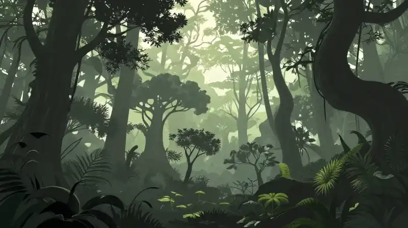 Dramatic silhouettes of organic trees sway through the misty arboretum