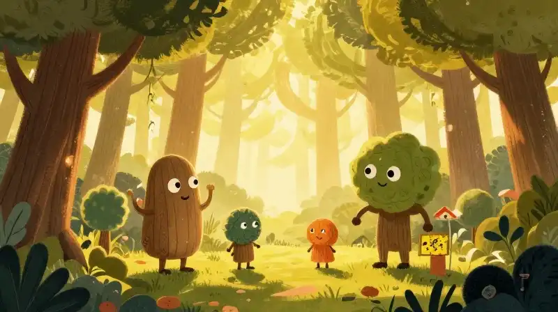 Friendly tree characters roam a mist-filled, sunlit woodland during golden hour