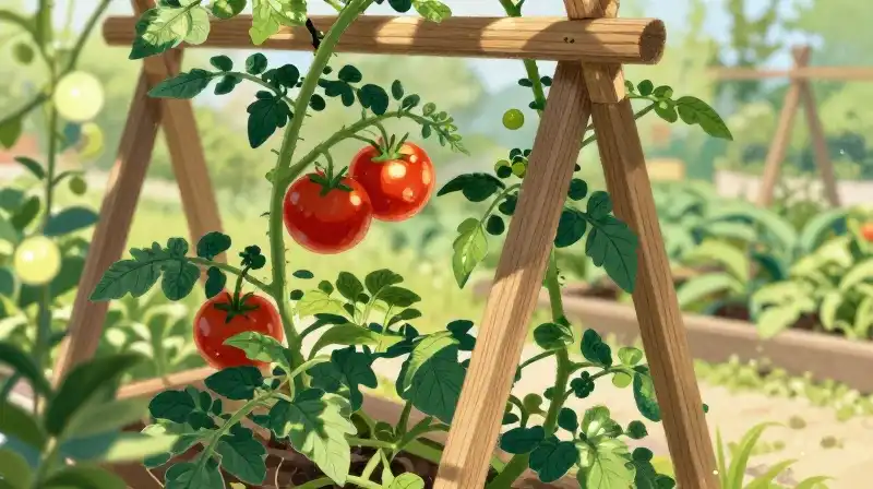 Lush tomato vines climb a geometric wooden trellis in bright sunshine