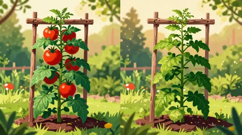 Lush tomato plants flourish on a rustic trellis under dramatic golden sunlight