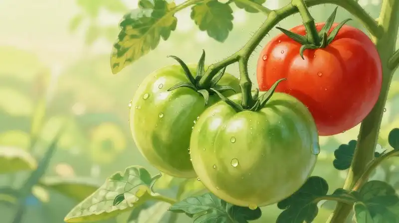 Lush green tomato trellis holds vibrant red fruit bathed in soft morning light