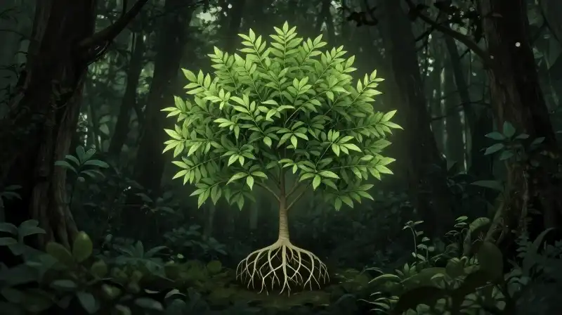 Scientific drawing of a glowing ficus tree among dark, delicate roots