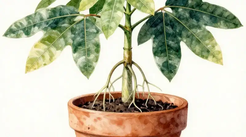 Detailed watercolor ficus in a rustic pot bathed in soft sunlight