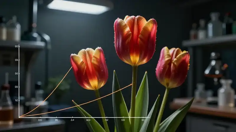 Dramatic, detailed tulips bloom sharply in a dark laboratory