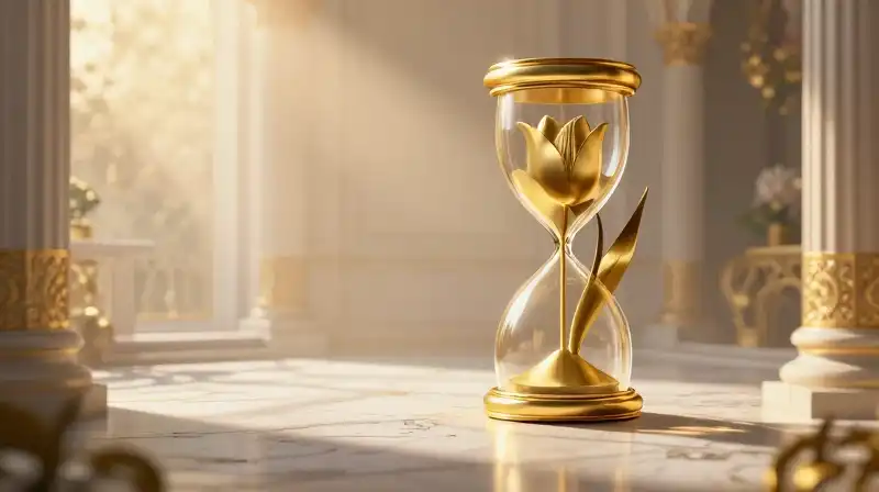 Gold hourglass and stylized tulips on a misty marble terrace