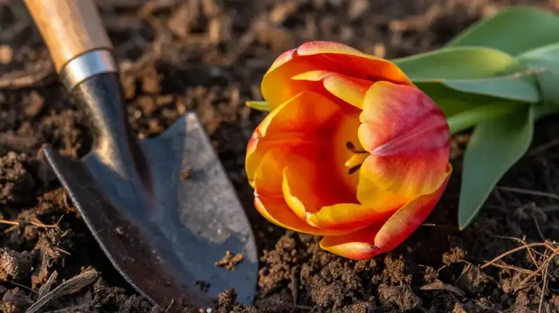 Golden light illuminates vibrant tulips and a rustic garden trowel