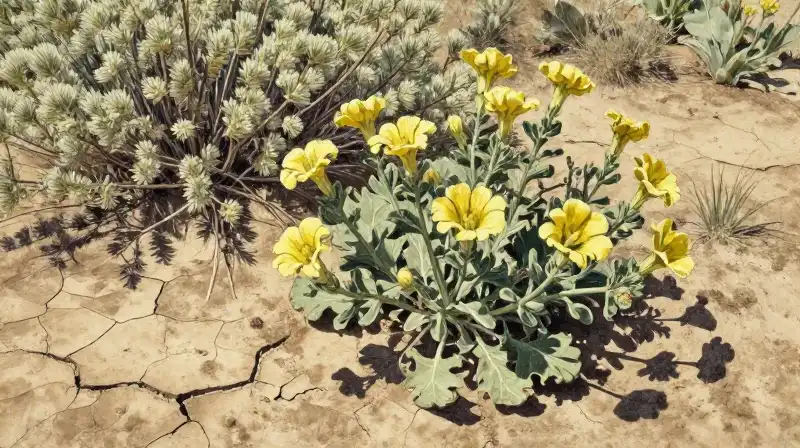 Mullein grows amidst cracked, sun-bleached soil under harsh light