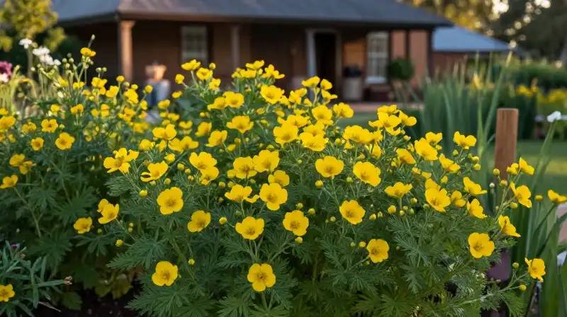 Golden sunlight bathes structured gardens filled with rustic mullein flowers