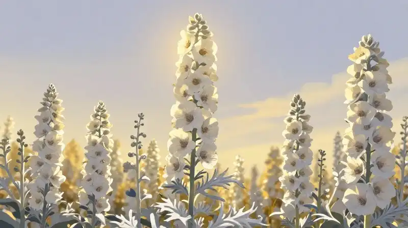 Tall silver verbascum blooms in a whimsical golden glow