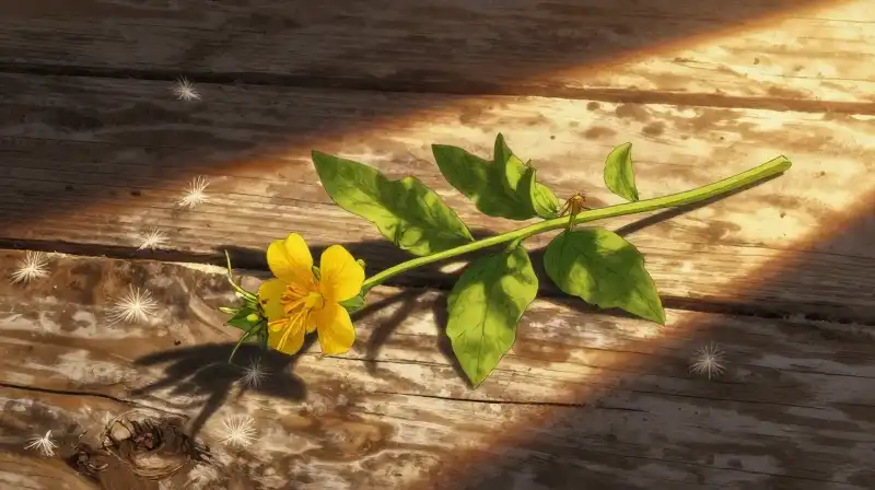 A golden hour light bathes wild mullein plants and scattered seeds upon weathered southern wood