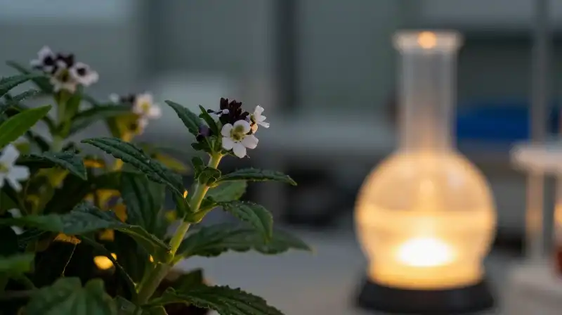 A glowing synthesis flask thrives amid vibrant plants