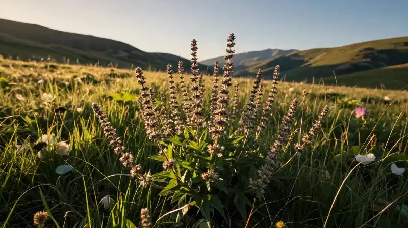 Sunlit wild verbena thrives in a cinematic, golden alpine meadow