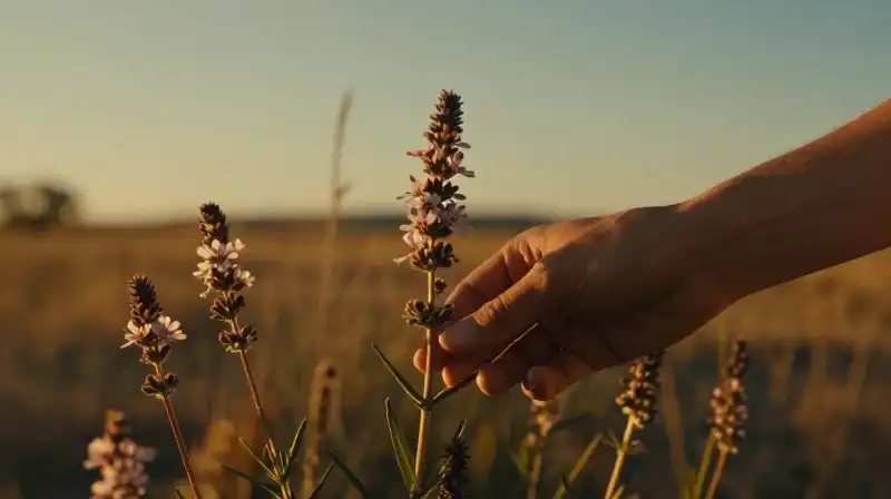 Golden hour light illuminates hands tending vivid prairie flowers