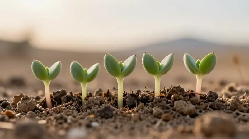 Small green seedlings emerge from arid soil, rimmed by golden light