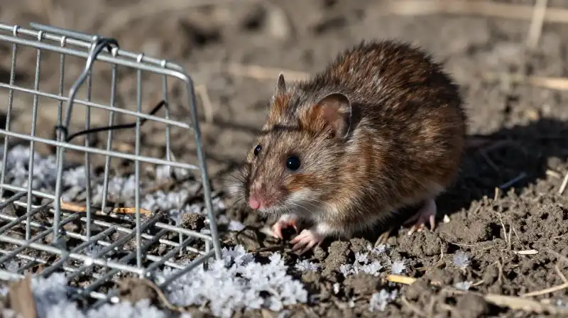 A struggling vole faces a wire trap on frozen earth