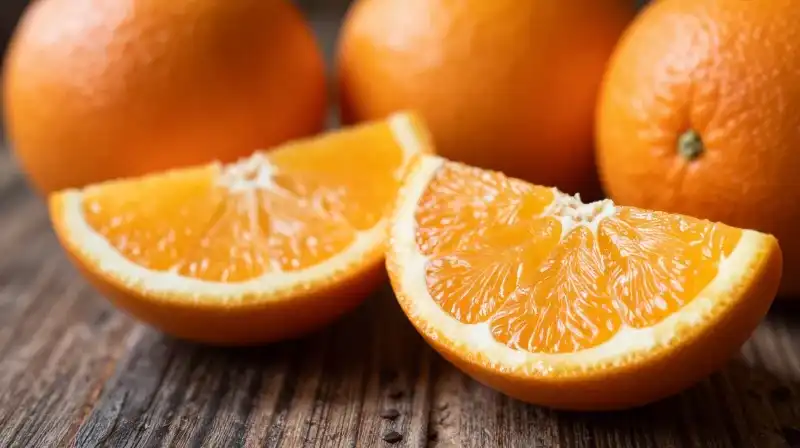 Vibrant oranges shine on dark, rustic wood beneath morning sunlight
