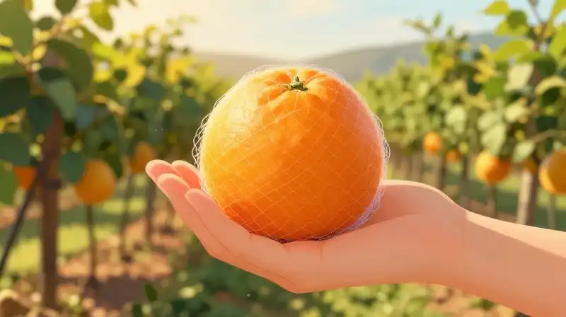 Golden hour glows as a hand holds a vibrant orange in a vineyard