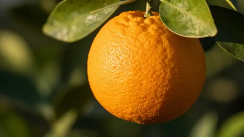 A textured orange glows under warm, golden sunlight with lush leaves