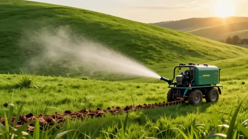 Machinery seeds a vibrant green hillside under brilliant golden sunlight