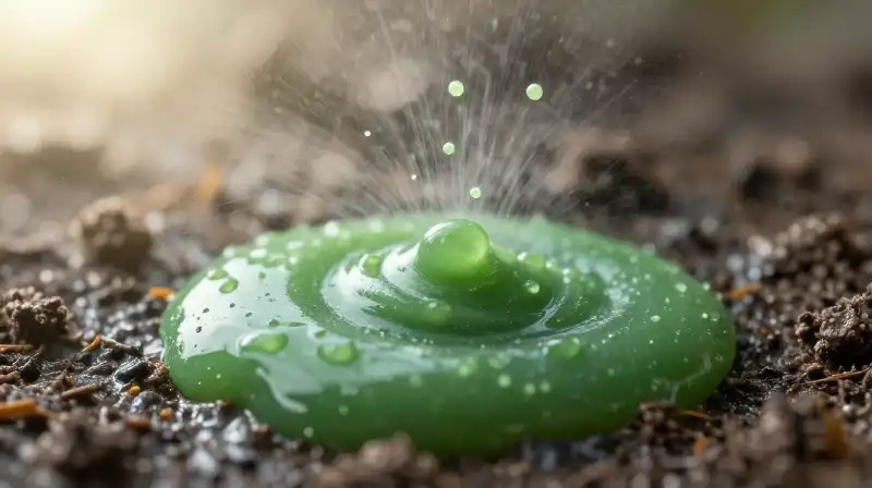 Glowing green droplets settle onto dark, misty, moist soil