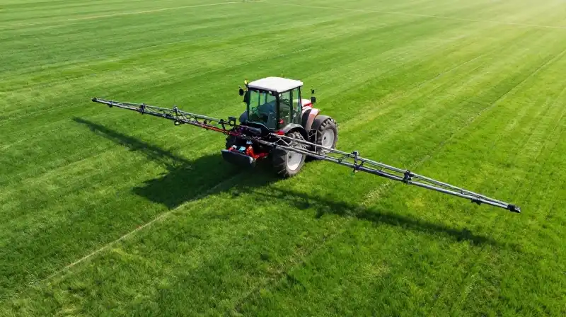 A sprayer meticulously works over vivid green turf in morning light