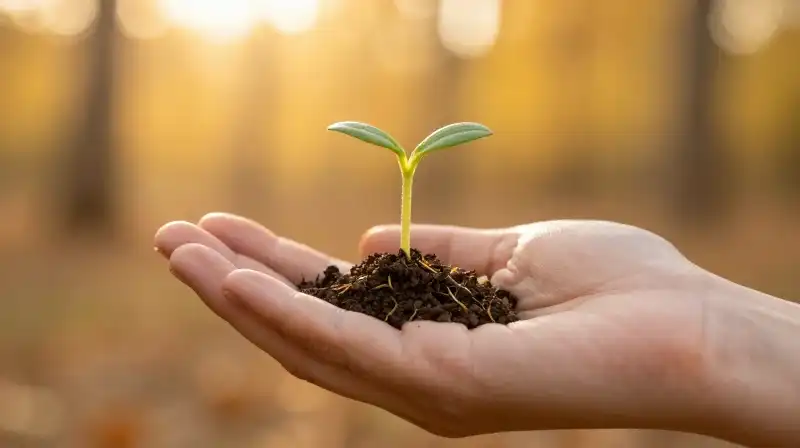 A tiny seedling is gently held in a warm hand during autumn
