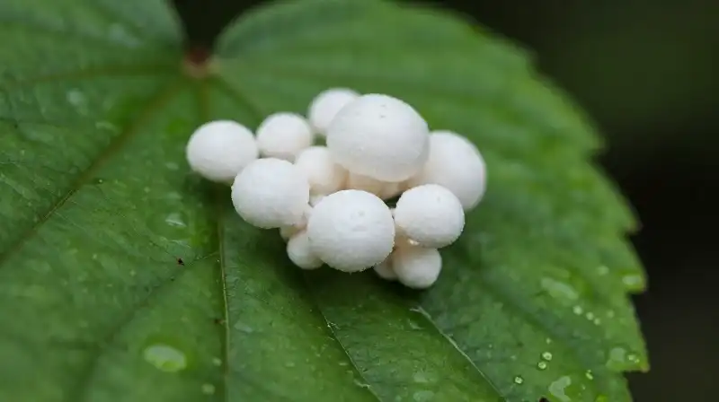 Delicate white fungus blankets lush, damp green leaves in close-up