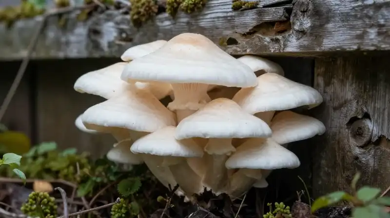 White fungus blooms among overgrown, decaying structures