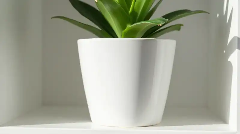 Pristine white plant glows in soft sunlight on a shelf