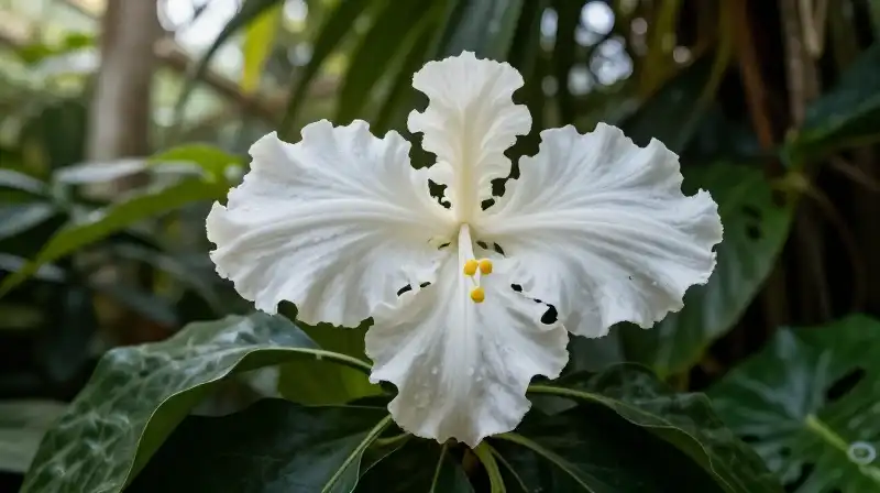 A glowing white plant sits dramatically within a lush greenhouse