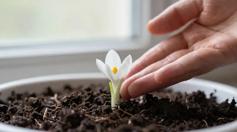 A gentle hand waters a white plant in dark, moist soil