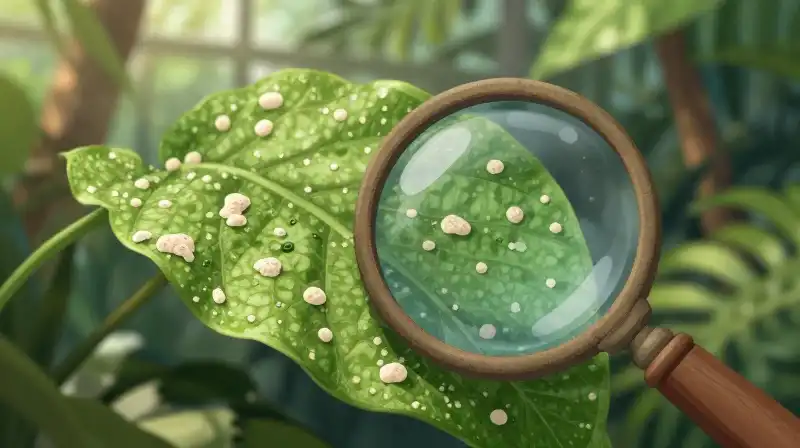 Magnifying glass inspect a spotted green leaf in a sunlit tropical greenhouse